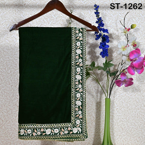 Green Velvet Shawl Designer Dupatta Embroidery on edge Gift for Women Indian Embroidered Chunni Bridal Veil Lehenga Festival Punjabi Wedding