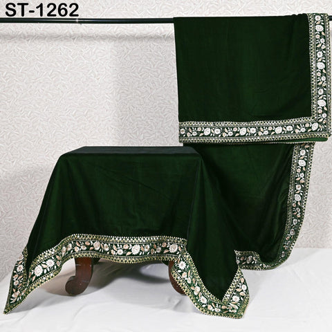 Green Velvet Shawl Designer Dupatta Embroidery on edge Gift for Women Indian Embroidered Chunni Bridal Veil Lehenga Festival Punjabi Wedding