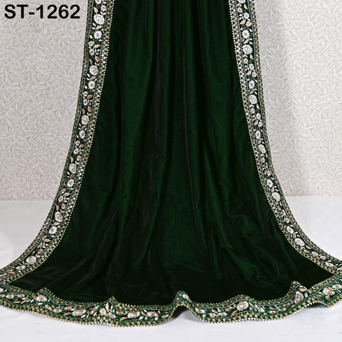 Green Velvet Shawl Designer Dupatta Embroidery on edge Gift for Women Indian Embroidered Chunni Bridal Veil Lehenga Festival Punjabi Wedding