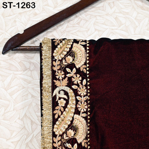 Burgundy Velvet Shawl Dupatta – Embroidered Floral Border Wrap for Bridal, Partywear & Groom Sherwani