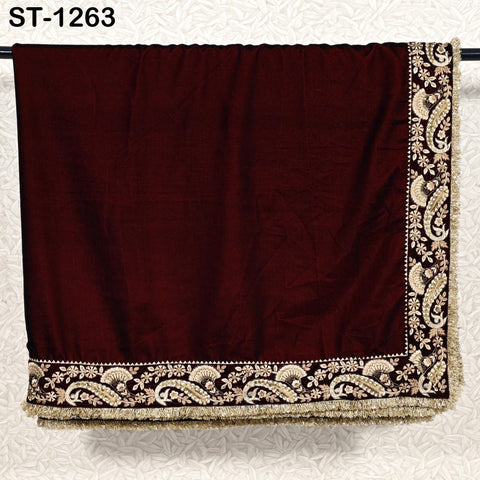 Burgundy Velvet Shawl Dupatta – Embroidered Floral Border Wrap for Bridal, Partywear & Groom Sherwani