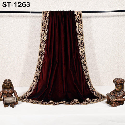 Burgundy Velvet Shawl Dupatta – Embroidered Floral Border Wrap for Bridal, Partywear & Groom Sherwani