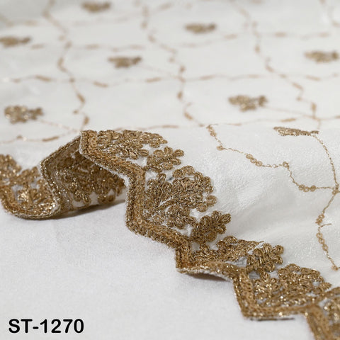 Gold Embroidered Dyeable Dupatta – Chiffon Stole with Scalloped Border | Bridal, Wedding, Festive Shawl | Custom Dyeable Dupatta