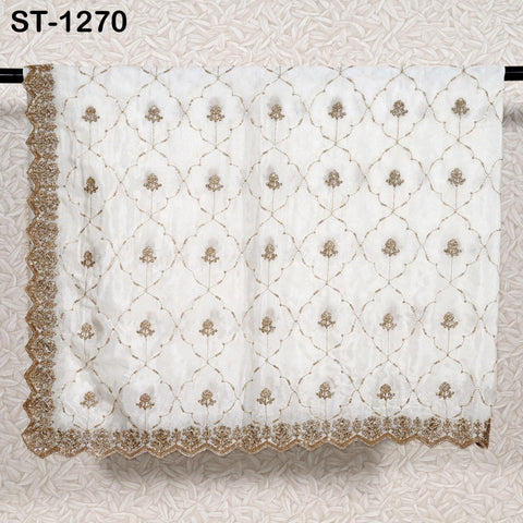 Gold Embroidered Dyeable Dupatta – Chiffon Stole with Scalloped Border | Bridal, Wedding, Festive Shawl | Custom Dyeable Dupatta