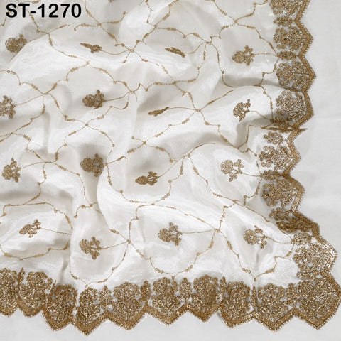 Gold Embroidered Dyeable Dupatta – Chiffon Stole with Scalloped Border | Bridal, Wedding, Festive Shawl | Custom Dyeable Dupatta