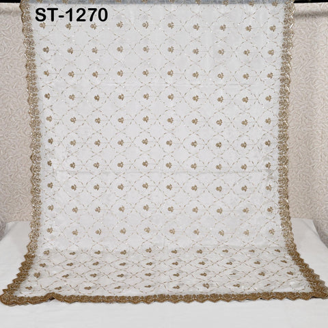 Gold Embroidered Dyeable Dupatta – Chiffon Stole with Scalloped Border | Bridal, Wedding, Festive Shawl | Custom Dyeable Dupatta