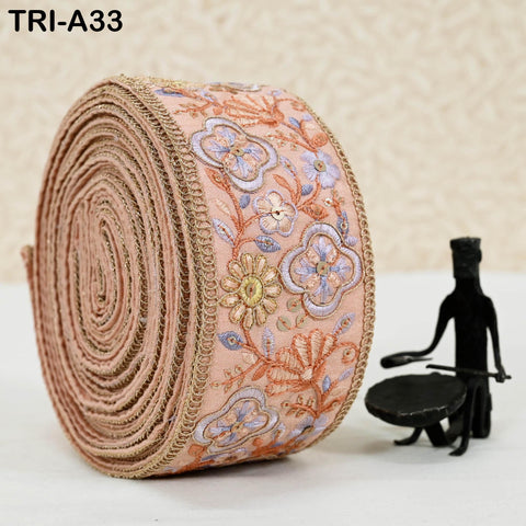 9 Yard Embroidery Peach Ribbon Trim Embellishments DIY Crafting Indian Home Decor Embroidered Decorative Saree Border 60mm Junk Journals