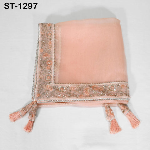 Peach Dupatta Hand Embroidery Silk Organza Dupatta Light Weight Indian Bridal Wedding Lehenga Women Chunni Veil Scarf Dress Gift for Mom