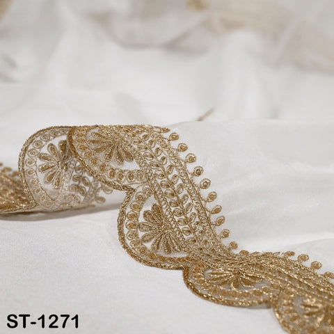 Zari Embroidered Dyeable Dupatta | Organza Stole with Scalloped Border Gold | Bridal, Wedding, Festive Shawl | Custom color