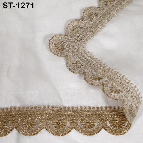 Zari Embroidered Dyeable Dupatta | Organza Stole with Scalloped Border Gold | Bridal, Wedding, Festive Shawl | Custom color