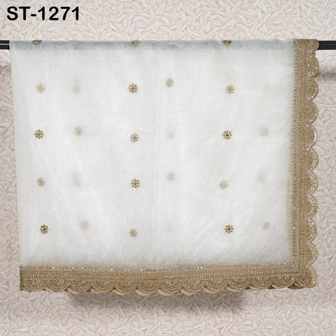 Zari Embroidered Dyeable Dupatta | Organza Stole with Scalloped Border Gold | Bridal, Wedding, Festive Shawl | Custom color