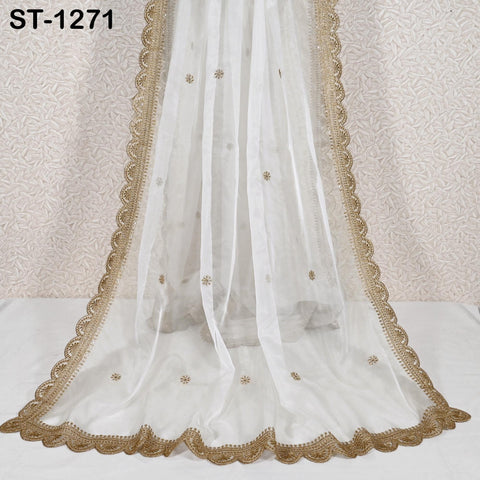 Zari Embroidered Dyeable Dupatta | Organza Stole with Scalloped Border Gold | Bridal, Wedding, Festive Shawl | Custom color