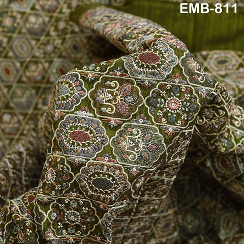 Olive Green Embroidery Fabric by the yard Sewing Indian Wedding Dress Regency Reticules Victorian Handbags Marie Antoinette Junk Journals