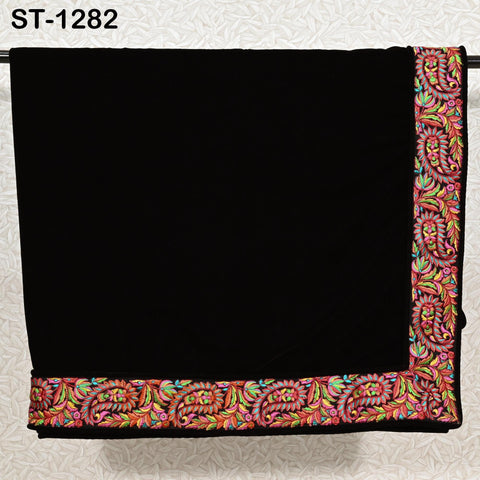 Black Velvet Shawl Dupatta – Embroidered Floral Border Wrap for Bridal, Partywear & Groom Sherwani