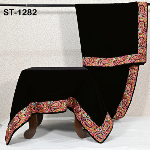 Black Velvet Shawl Dupatta – Embroidered Floral Border Wrap for Bridal, Partywear & Groom Sherwani