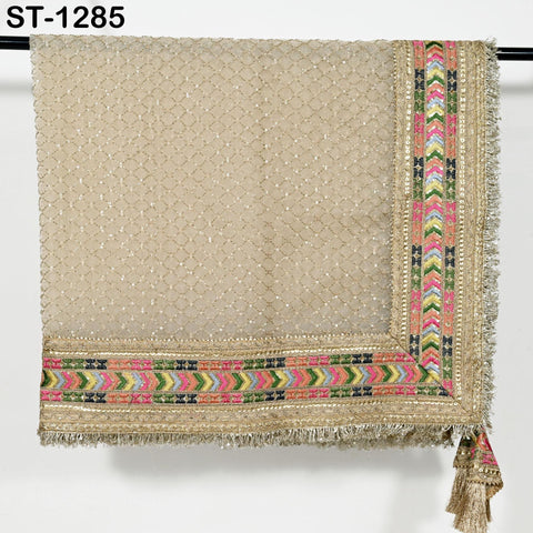 Beige Organza Designer Dupatta for women Bridal Wedding lehenga Chunni/Veil Beads Sequin Scarf Indian Ethnic Dress Stole Gift Bridesmaid