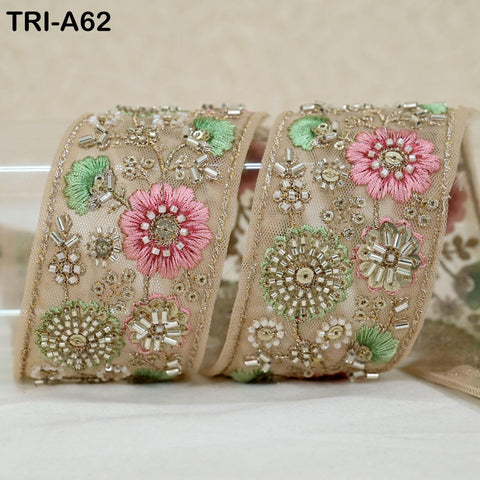 9 Yard Green Indian Embroidery Ribbon Beaded Trim Sari Border DIY Craft Lampshade Regency Reticules Victorian Handbags Junk Journal 5 cm