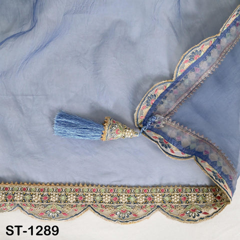 Blue Hand Embroidery Silk Organza Dupatta Light Weight Indian Bridal Wedding Chunni Veil Scarf Women Dress Gift Wife, Sister