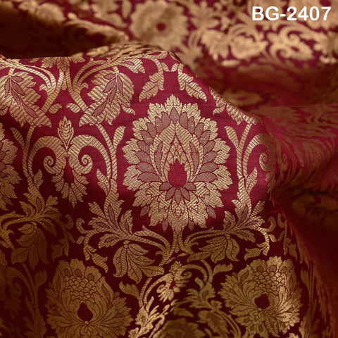 Rose Red Brocade by the Yard Indian Fabric Gold Banarasi Dress material for Wedding Dresses Costumes lehnga Blended Sewing Crafting Curtains