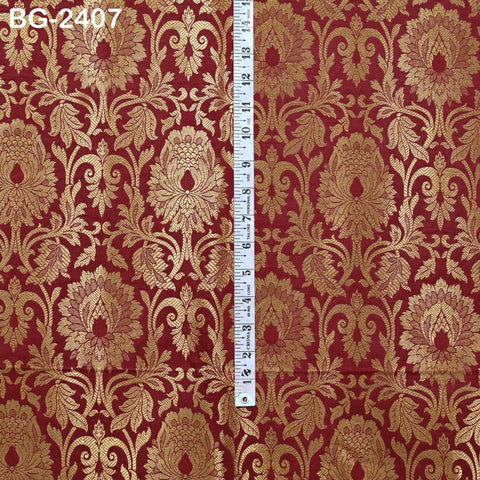 Rose Red Brocade by the Yard Indian Fabric Gold Banarasi Dress material for Wedding Dresses Costumes lehnga Blended Sewing Crafting Curtains