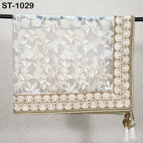 White Dupatta Embroidered Indian Long Net Chunni, Bridal Veil, Lehenga Stole, Punjabi Dress Chuni, Women's Head Scarf, Gift for Friend