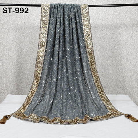 Grey Dupatta Chikankari Embroidered Georgette Stole | Gift for Women, Bridal Veil Lehenga Chunri, Festival, Ethnic Punjabi Dress 2.4 Yards