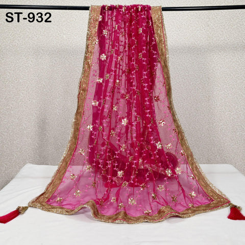 Magenta Net Dupatta for Women/Girl | Embroidered Light Weight Chunni, Traditional Lehenga Wedding/Bridal Veil | Indian Scarf/Stole for Dress