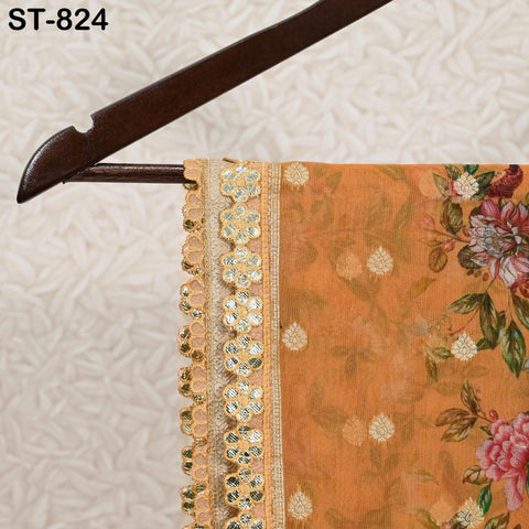 Orange Dupatta Organza Floral Print Gold Border Indian Printed Wedding Scarf | Women Ethnic Bridal Party Wear Lightweight Dupatta