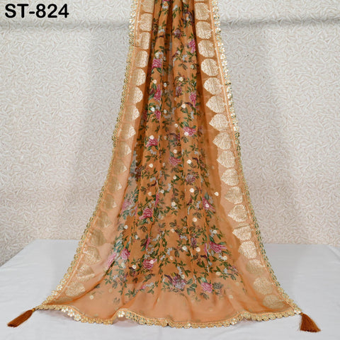 Orange Dupatta Organza Floral Print Gold Border Indian Printed Wedding Scarf | Women Ethnic Bridal Party Wear Lightweight Dupatta