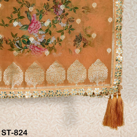 Orange Dupatta Organza Floral Print Gold Border Indian Printed Wedding Scarf | Women Ethnic Bridal Party Wear Lightweight Dupatta