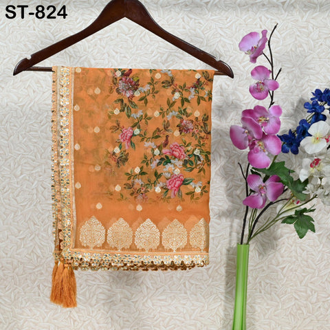 Orange Dupatta Organza Floral Print Gold Border Indian Printed Wedding Scarf | Women Ethnic Bridal Party Wear Lightweight Dupatta