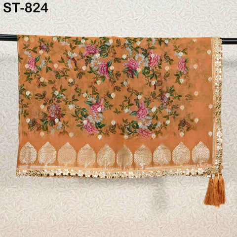 Orange Dupatta Organza Floral Print Gold Border Indian Printed Wedding Scarf | Women Ethnic Bridal Party Wear Lightweight Dupatta