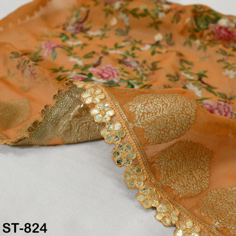 Orange Dupatta Organza Floral Print Gold Border Indian Printed Wedding Scarf | Women Ethnic Bridal Party Wear Lightweight Dupatta