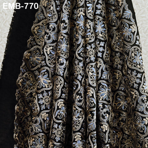 Black Embroidered Fabric by the yard Sewing DIY Crafting Embroidery Wedding Costumes Dolls Tote Bag Renaissance Dress Home Decor Upholstery