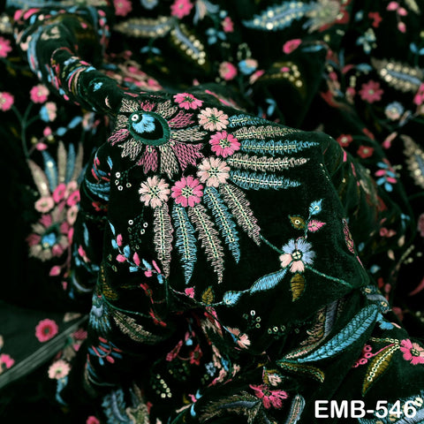 Green Indian Embroidered Velvet Fabric by the yard Bridal Wedding Dress Costumes Dolls Long Coats Table Runner Quilting Sewing DIY Crafting