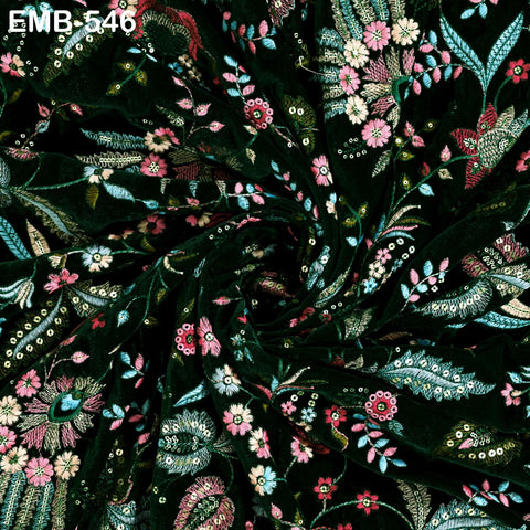 Green Indian Embroidered Velvet Fabric by the yard Bridal Wedding Dress Costumes Dolls Long Coats Table Runner Quilting Sewing DIY Crafting