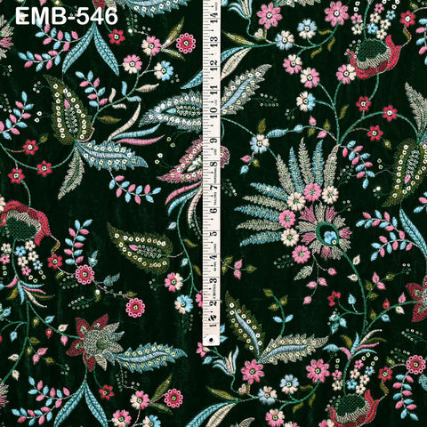 Green Indian Embroidered Velvet Fabric by the yard Bridal Wedding Dress Costumes Dolls Long Coats Table Runner Quilting Sewing DIY Crafting