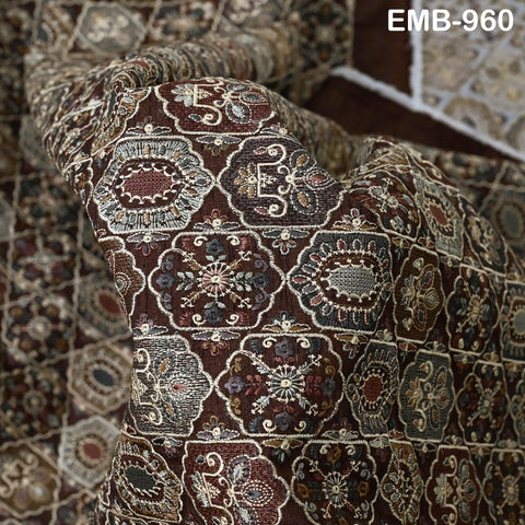 Brown Embroidery Fabric by the yard Sewing Crafting Indian Wedding Dress Regency Reticules Victorian Handbags Marie Antoinette Junk Journals