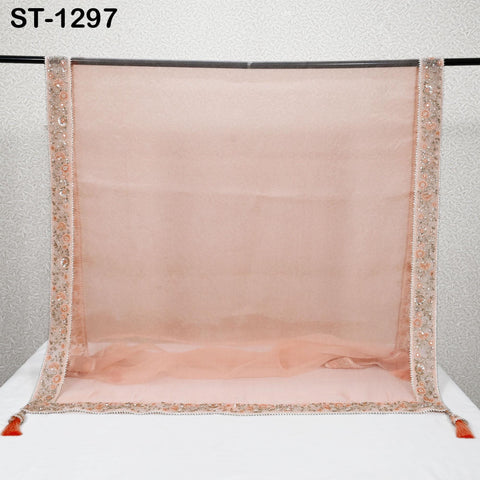 Peach Dupatta Hand Embroidery Silk Organza Dupatta Light Weight Indian Bridal Wedding Lehenga Women Chunni Veil Scarf Dress Gift for Mom