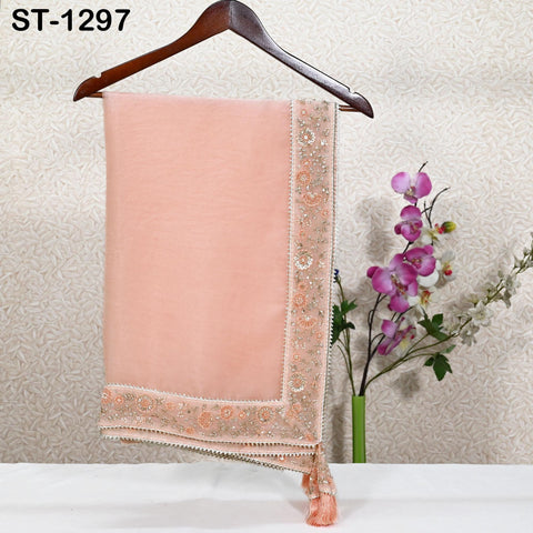 Peach Dupatta Hand Embroidery Silk Organza Dupatta Light Weight Indian Bridal Wedding Lehenga Women Chunni Veil Scarf Dress Gift for Mom