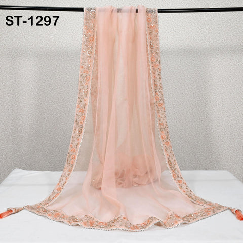 Peach Dupatta Hand Embroidery Silk Organza Dupatta Light Weight Indian Bridal Wedding Lehenga Women Chunni Veil Scarf Dress Gift for Mom