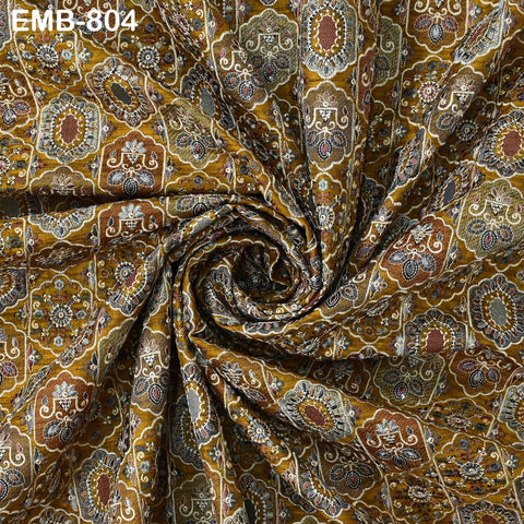 Mustard Brown Embroidery Fabric by the yard Sewing Indian Wedding Dress Regency Reticules Victorian Handbags Marie Antoinette Junk Journals