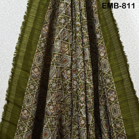 Olive Green Embroidery Fabric by the yard Sewing Indian Wedding Dress Regency Reticules Victorian Handbags Marie Antoinette Junk Journals