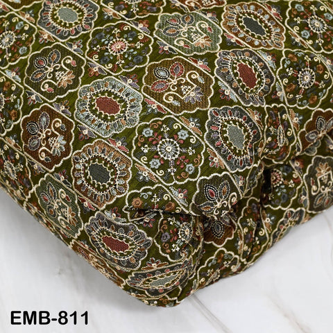 Olive Green Embroidery Fabric by the yard Sewing Indian Wedding Dress Regency Reticules Victorian Handbags Marie Antoinette Junk Journals