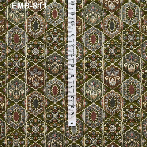 Olive Green Embroidery Fabric by the yard Sewing Indian Wedding Dress Regency Reticules Victorian Handbags Marie Antoinette Junk Journals