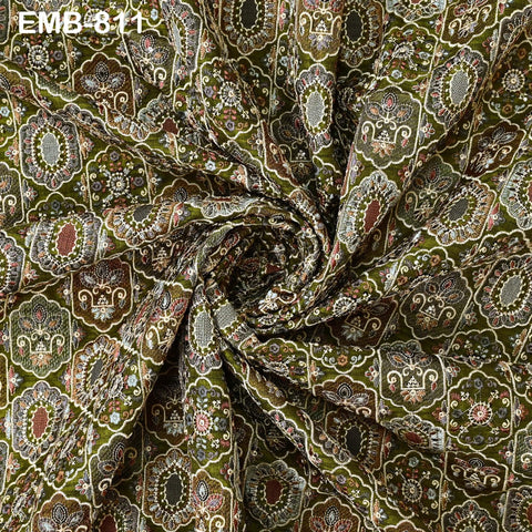 Olive Green Embroidery Fabric by the yard Sewing Indian Wedding Dress Regency Reticules Victorian Handbags Marie Antoinette Junk Journals