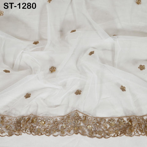 Gold embroidered net bridal dupatta draped for display.