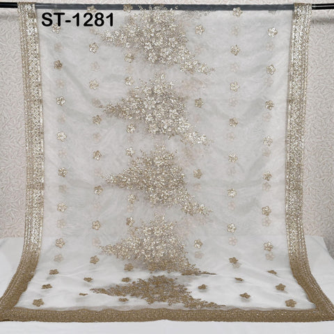 Zari Embroidered Dyeable Dupatta, Organza Stole with Gold Scalloped Border, Bridal Wedding Shawl, Custom Color Chunni