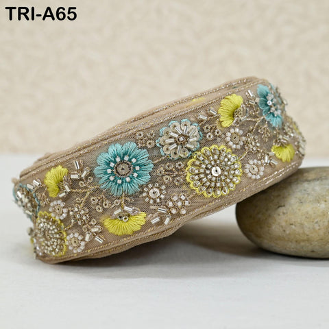 9 Yard Yellow Embroidery Ribbon Beaded Trims Sari Border DIY Craft Lampshade Regency Reticules Victorian Handbags Junk Journal 5cm Indian