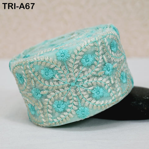 9 Yard Embroidery Ribbons Trim Embellishment Embroidered Saree Border Theatrical Costumes Crafting Sew Holidays Wreaths Decor Ice Blue